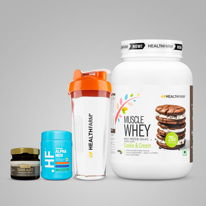 Healthfarm Muscle Whey 1KG + Shilajit + Alpha Men + Free Shaker