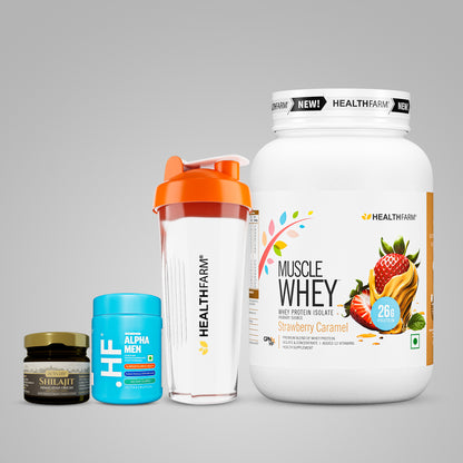 Healthfarm Muscle Whey 1KG + Shilajit + Alpha Men + Free Shaker