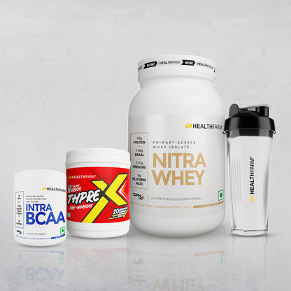 Healthfarm Nitra Whey (1Kg) + Thprex + Intra BCAA + Free Shaker