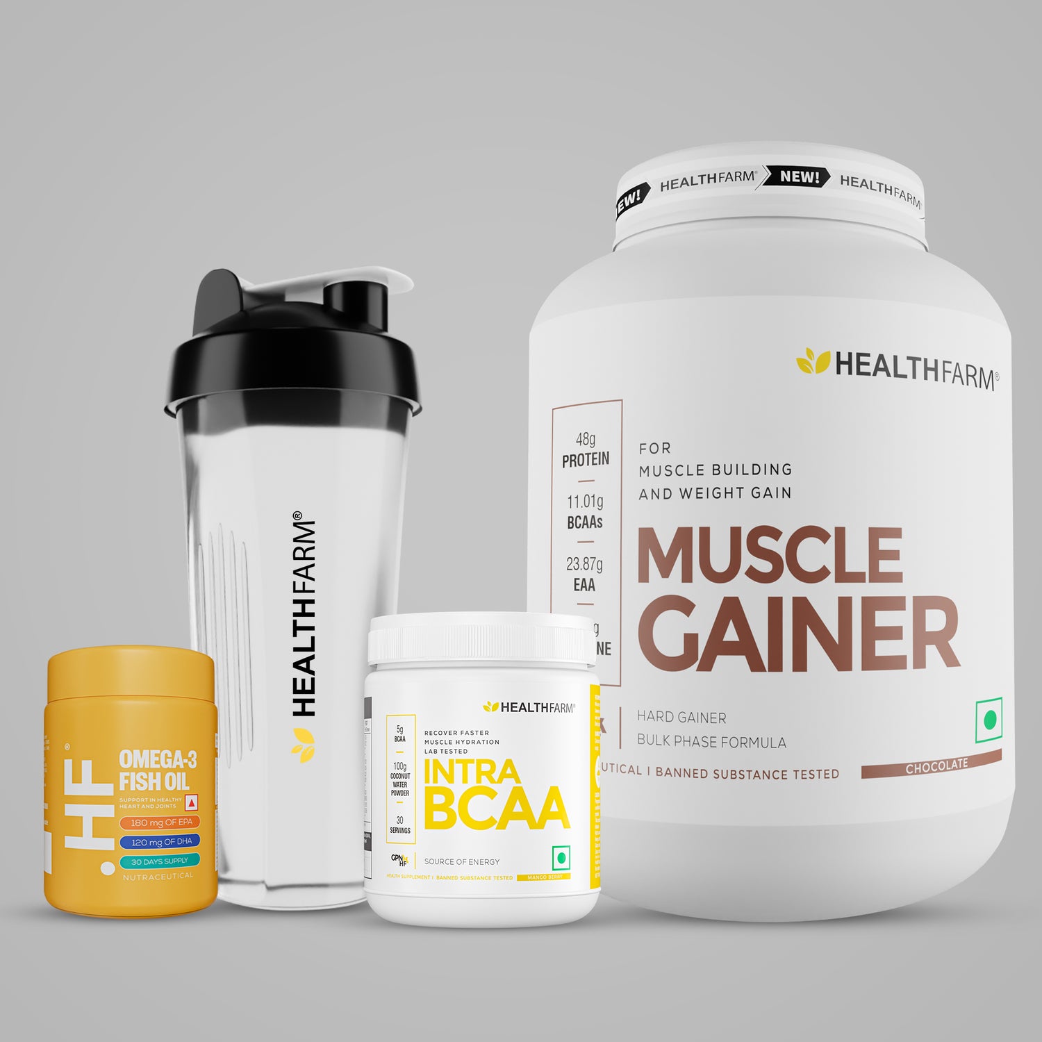 Healthfarm Muscle Gainer (3kg) + Intra BCAA + Fish Oil + Free Shaker