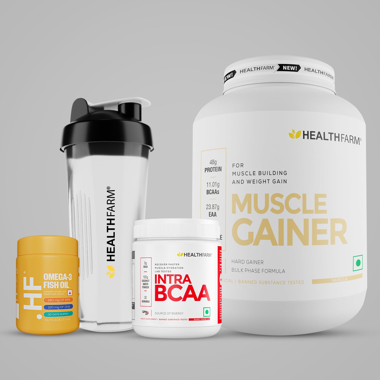 Healthfarm Muscle Gainer (3kg) + Intra BCAA + Fish Oil + Free Shaker