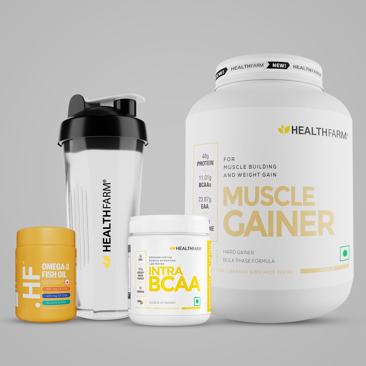 Healthfarm Muscle Gainer (3kg) + Intra BCAA + Fish Oil + Free Shaker