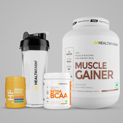 Healthfarm Muscle Gainer (3kg) + Intra BCAA + Fish Oil + Free Shaker