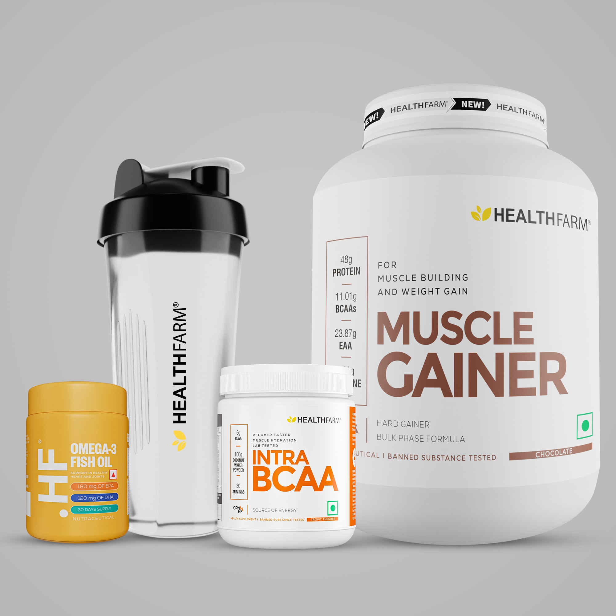 Healthfarm Muscle Gainer (3kg) + Intra BCAA + Fish Oil + Free Shaker