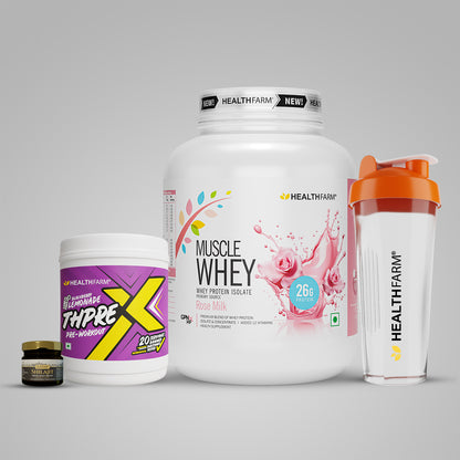 Healthfarm Muscle Whey (2Kg) + Shilajit (20g) + Thprex + Free Shaker