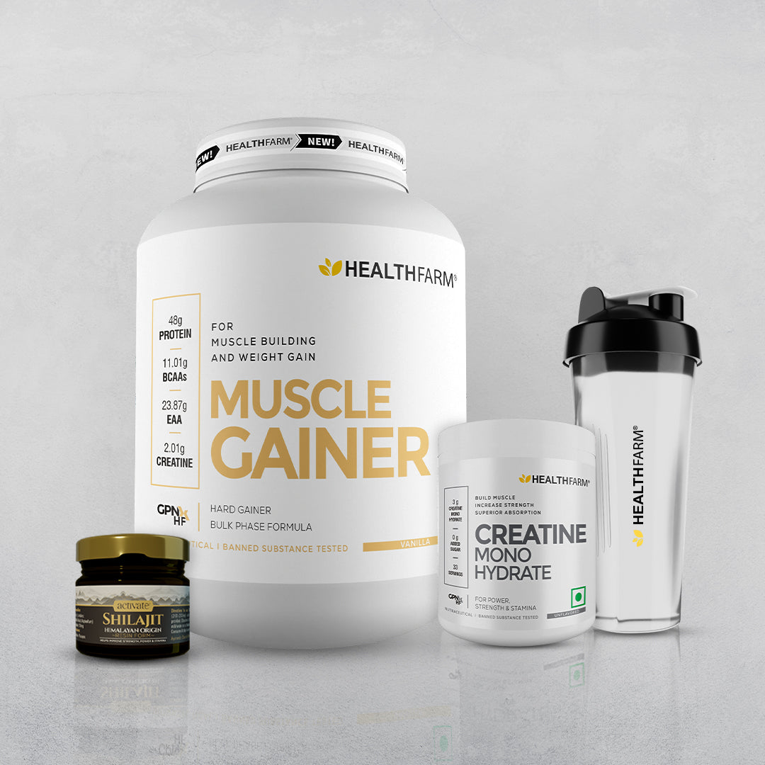 Healthfarm Muscle Gainer (3Kg) + Creatine (100g) + Shilajit (20g) + Free Shaker