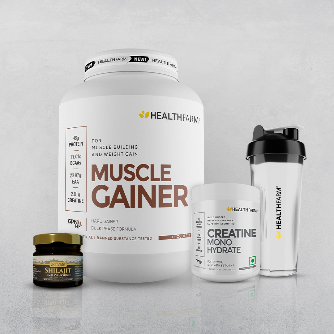 Healthfarm Muscle Gainer (3Kg) + Creatine (100g) + Shilajit (20g) + Free Shaker