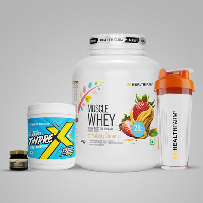 Healthfarm Muscle Whey (2Kg) + Shilajit (20g) + Thprex + Free Shaker