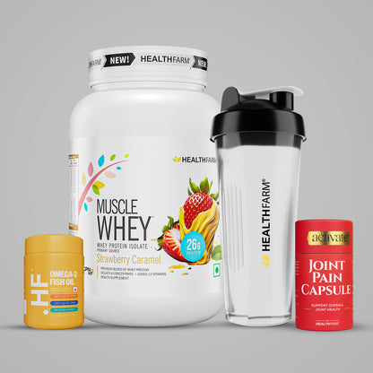 Healthfarm Muscle Whey (1kg) + Joint Pain Capsule + Fish Oil + Free Shaker