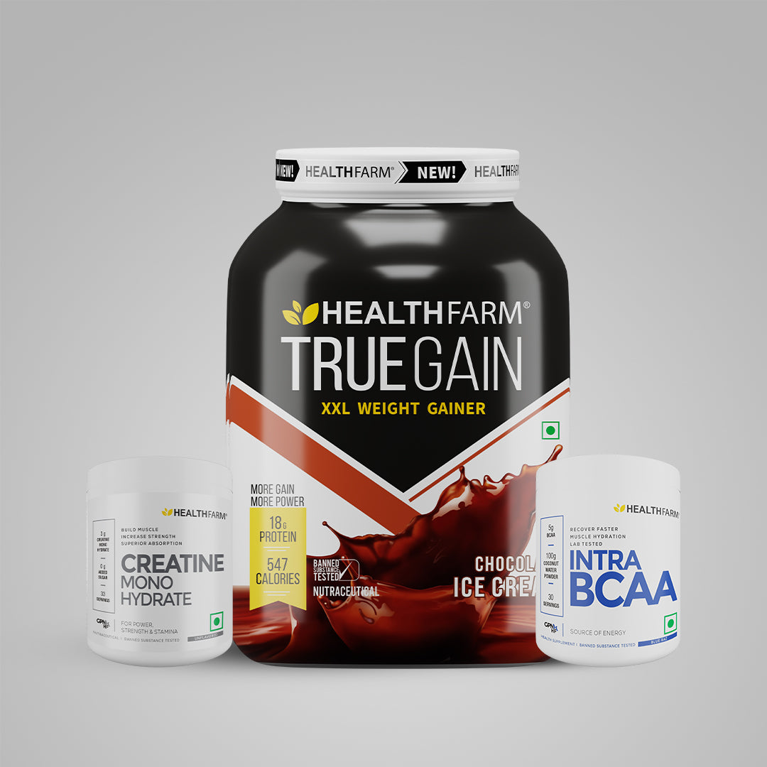 Healthfarm TrueGain (2Kg) + Intra BCAA (180g) + Creatine (100g)