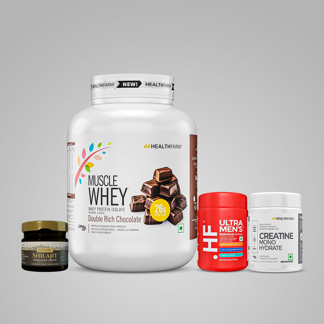 Healthfarm Muscle Whey (1.8kg) + Shilajit (20g) + Creatine (100g) +Ultra Men&