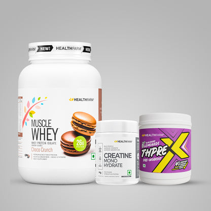 Healthfarm Muscle Whey (1Kg) + Creatine (100g) + ThPreX Pre-workout Bundle
