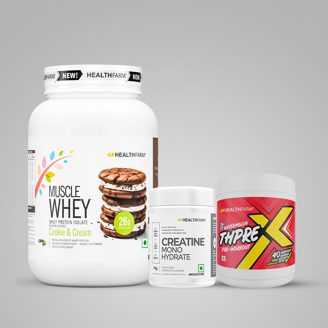 Healthfarm Muscle Whey (1Kg) + Creatine (100g) + ThPreX Pre-workout Bundle